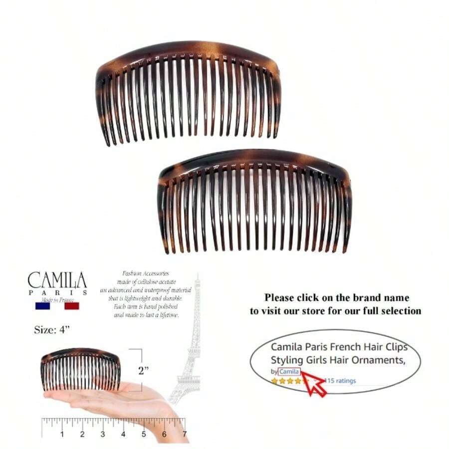 Paris AD66/2 French Side Comb Large Curved Tortoiseshell Hair Combs Women Fine Hair, 4 Inch Strong Hold Comb Women Bun Chignon - Do Styling Hairstyle Accessories, Made In France - 玳瑁 - 查看 1