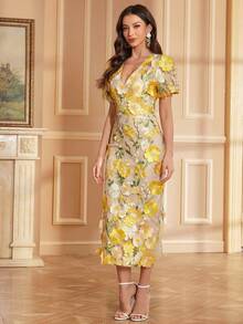 Women's Floral Embroidery Maxi Dress Wedding Guest Dress Evening Party Dress - Yellow - View 7