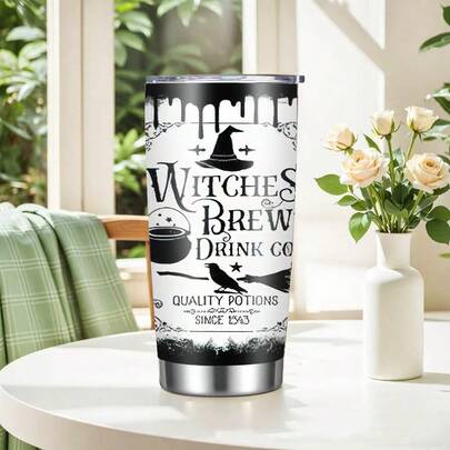 1pc 20oz Stainless Steel Witch Themed Tumbler With Lid - Vacuum Insulated Travel Mug, Suitable For Hot & Cold Drinks, Non-Slip & Leak-Proof, Round Cup Design, Witch's Day Gift, Perfect For Witch's Back To School Season