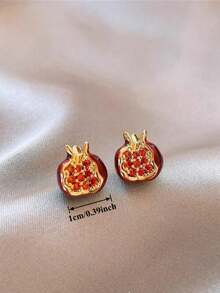 1 Pair Rhinestone Embellished Minimalist Cute Red Pomegranate Fruit Stud Earrings, Elegant Jewelry For Women