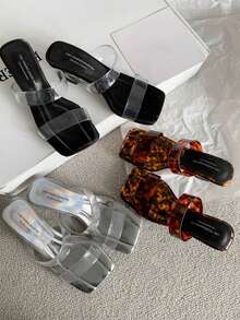 2026 Summer New Transparent Strap Sandals, Women's Fashion Versatile Chunky Crystal Slide Sandals With Square Toe High Heels - Silver - View 4