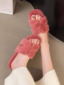 Women's Fuchsia Flat Open Toe Fluffy Slippers, New Autumn/Winter Furry Low Heel Slip-On Slippers, Soft Plush Beach/Home Slippers, Lightweight Comfortable Warm Fuzzy Slides, Open Toe & Heel Slippers - Rose Red - View 6