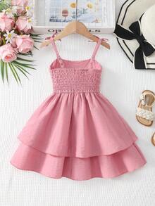 Young Girl' Cute Bow Adjustable Strap Pleated Double-Layer Skirt Dress, Light Blue - Pink - View 2