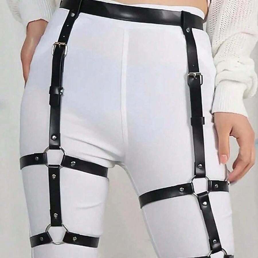 PU Women's Corset - Adjustable Waist And Thigh Straps, Gothic Punk Style, Perfect For Nightclub Outfits, Role-Playing, And Date Night Attire. - 黑色 - 查看 1