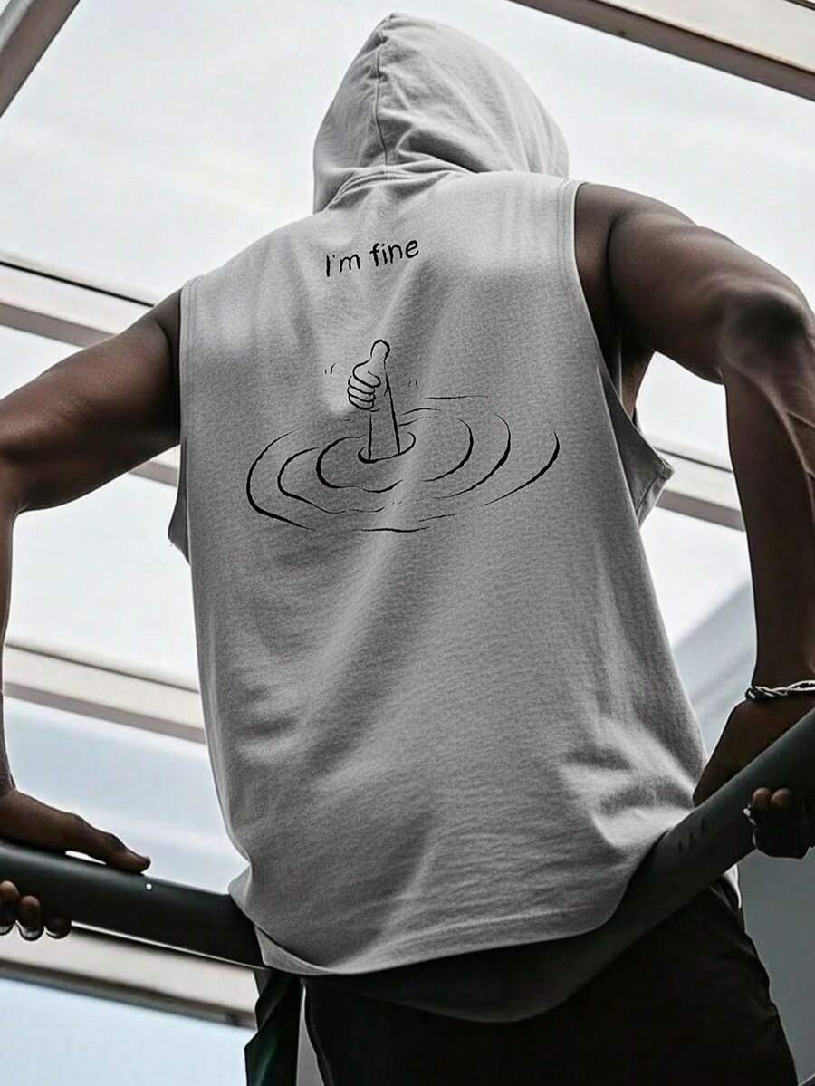 1pc Printed Sleeveless Men's Casual Sports Hooded Tank Top, Summer - Grey - View 1