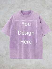 Customize Your Exclusive Washed Casual Printed Y2K Style Summer Men'S Fashion Off-The-Shoulder Sleeves, Custom Photo High-Quality Thickened 230g Premium Pure Cotton Washed Distressed Retro Style Round-Neck T-Shirt Top, Street Short-Sleeved Shirt - 紫色 - 查看 1