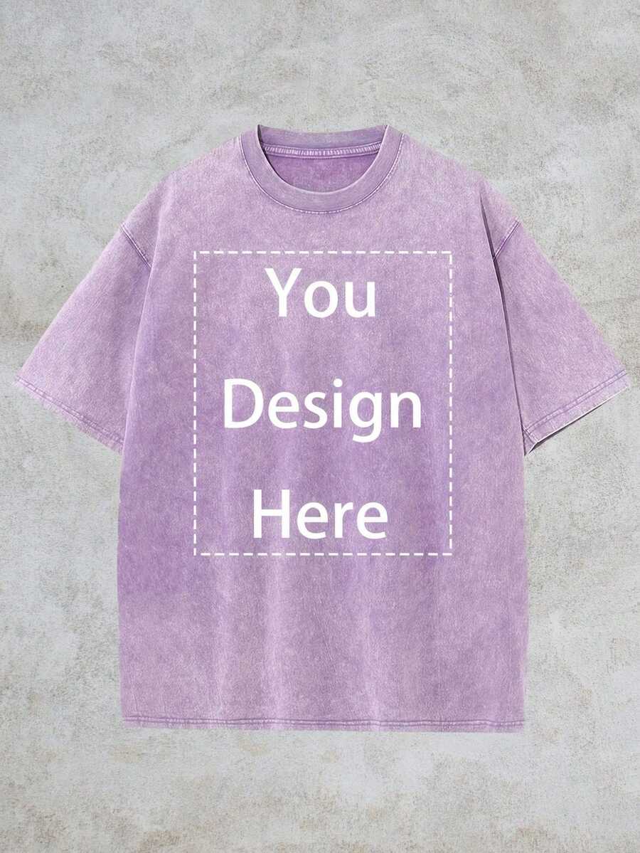 Customize Your Exclusive Washed Casual Printed Y2K Style Summer Men'S Fashion Off-The-Shoulder Sleeves, Custom Photo High-Quality Thickened 230g Premium Pure Cotton Washed Distressed Retro Style Round-Neck T-Shirt Top, Street Short-Sleeved Shirt - 紫色 - 查看 1