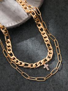 2pcs Cross Copper Inlaid Cubic Zirconia Hiphop Chain Necklace, Exaggerated Thick Chain Layered Safety Pin Necklace Set - Yellow Gold - View 4