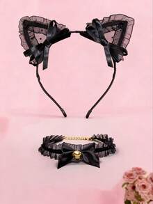2pcs Cat Ear Headband With Bells & Bow Tie, Sexy Costume Accessories, Party Favors, Valentine's Day Gifts, Festival Outfits For Women - Black Lace Bow - - View 3