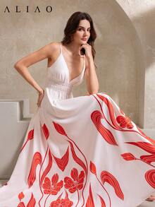 Printed V-Neck Waist Cinched Sleeveless Dress, Suitable For Holidays, Vacations, Elegant Women's Outfit, Spring/Summer - Multicolor - View 1