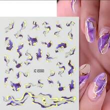 6pcs/3pcs 3D Marble Nail Art Decals Set With Golden Foil Ribbons, Blue And Purple Gradient Marble Effect, Matte Background 3D Self-Adhesive Nail Embellishments, Acrylic Nail Decals For Women's Manicure Supplies - Patterned Stripes, Glitter Finish, Cartoon Theme, Rectangle Shape, Single Use, Unscented - Multicolor - View 4