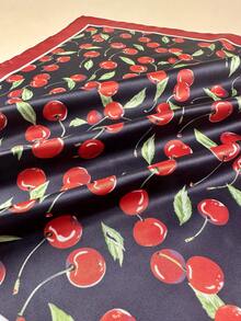1pc Women's Cherry Print Elegant Scarf, Satin Neckerchief Hair Accessory