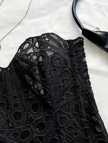 European And American Young Vacation Sexy Avant-Garde Off-The-Shoulder Lace Double-Layer Fitted Corset Bustier Top, INS White Hollow Embroidered Shapewear, Ate Night Outfits Women Tops For Going Out, Wedding Guest Dress Women Fall Women Clothes,Sexy Top - màu đen - Xem 5