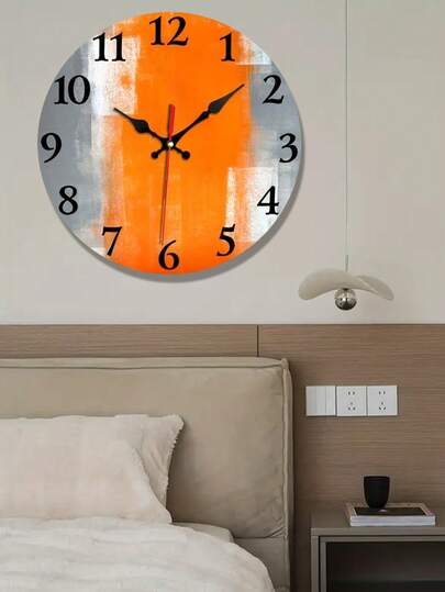 1 Pc 10" /12" Rustic Orange & Grey Gradient Pattern Wooden Wall Clock, Silent Non-Ticking, Ideal For Gift, Living Room & Bedroom Decor