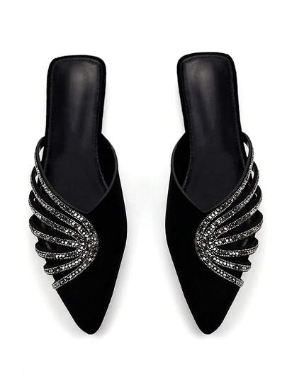 Women's Elegant Hollow Strap Rhinestone Chain Decor Black Faux Suede Pointed Toe Slip-On Mule Flats, Comfortable & Fashionable For Daily Wear And Party