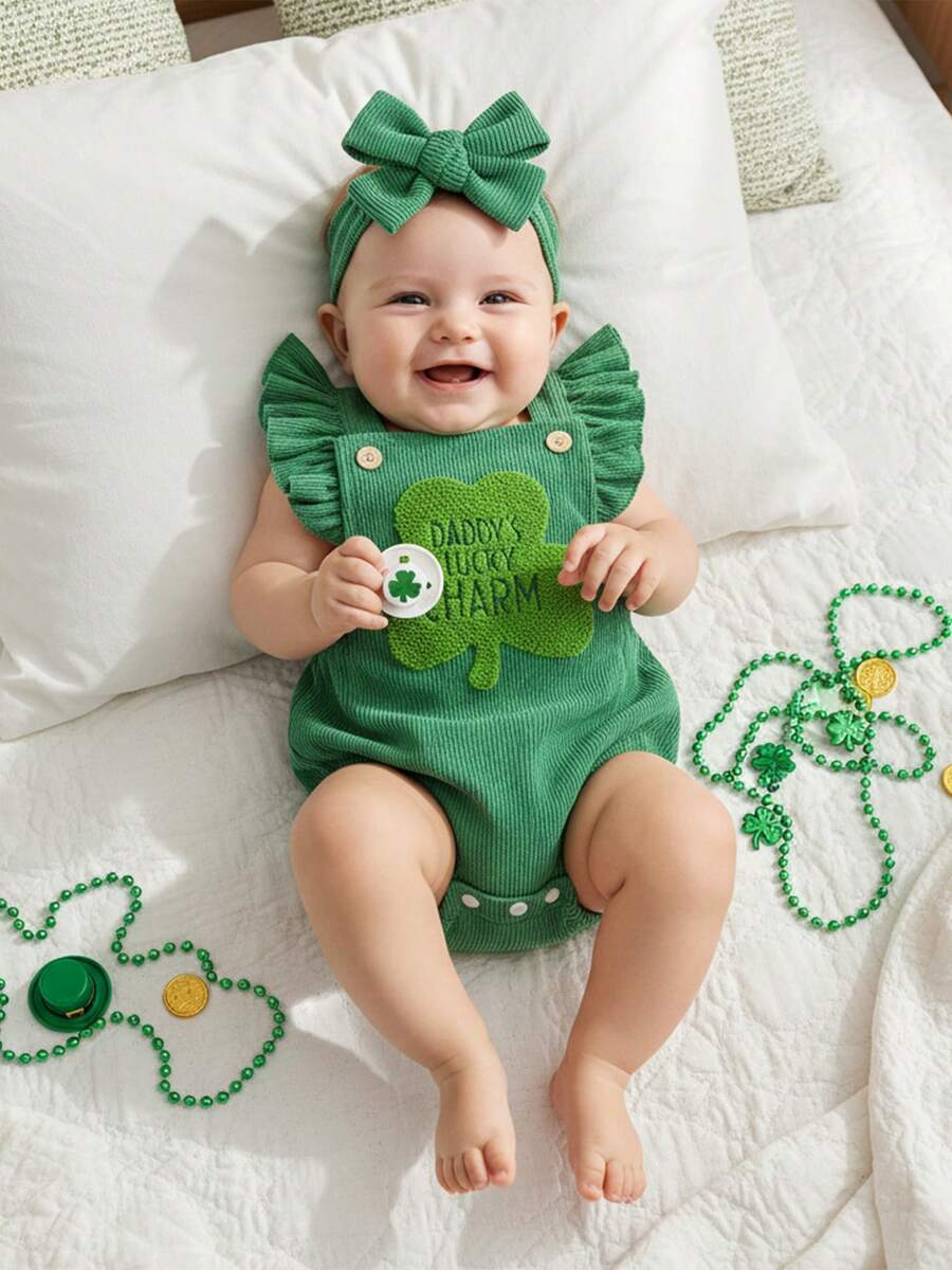 Conjunto de 2 piezas de mameluco con estampado de letras de trébol y volantes para niñas pequeñas, con mangas abullonadas y diadema con lazo - Verde - Ver 1
