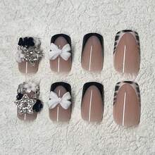 Y2K 24Pcs Set French Style Black & White Tie Dye Polka Dot Press-On Nails, Reusable, With Bowknot, Star Rhinestones, Cute & Chic, Suitable For Dates, Spring, New Year, Christmas, Daily, Birthday, Festival, Spring/Summer New Arrival Nail Supplies Nails - 黑白1 - 查看 3