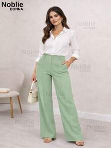 Women's Tailored Dress Pants, Wide Leg, With Zipper, Pockets, And Button, For Office Use. - Baby Green - View 3