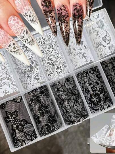 10卷 4x50厘米 黑白蕾丝美甲贴纸，性感花卉蕾丝美甲箔转印贴纸，DIY美甲装饰
