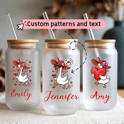 1pc 550ml/18.7oz Personalized Valentine's Day Glass Cup With Lid, Straw, Straw Brush - Romantic Gift For Couples, Suitable For Girlfriend, Women's Birthday, Friends, Mother, Teacher, Girl - Customized Gift, Valentine's Day Present, Thoughtful Gift, Fashionable Drinkware
