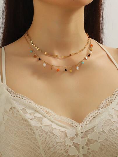 1 pieza Collar de doble capa con disco de perla y estrella hecho a mano de acero inoxidable, adecuado para usar durante el Ramadán y para uso diario