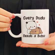1pc Cute Ceramic Coffee Mug - Adorable Panda & Bear "Every Dudu Needs A Bubu" Design, Insulated Reusable Cup, Dishwasher , Multipurpose For Coffee, Tea, Hot Chocolate, Valentine's Day Gift, Coffee Mug - White - View 2