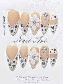 1 Piece Of Handmade Press-On Nail Art. Y2K Style, French Design, White French Trim, Hand-Painted Leopard Print, 3D Flower Embellishments, 3D Nails, Almond-Shaped Nails, Understated Luxury Nails, Valentine's Day Nails, High-End Quality, Reusable, Suitable For Everyday Wear And Holidays. - Apricot - View 4