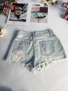 Casual Women's Denim Ripped Mini Shorts Non-Stretch Frayed Hem Light Wash Summer Style - Blue - View 5