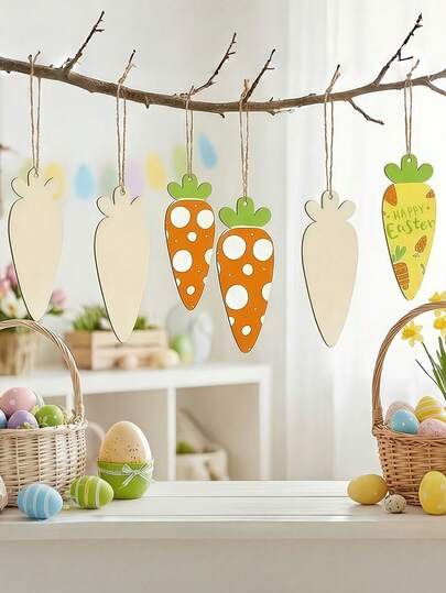 10pcs Unfinished Wooden Carrot Crafts, Carrot Shaped Wooden DIY Handmade Cutouts With Hole And Rope, Easter DIY Decorations, Wooden Easter Decorations For Painting, Craft Hanging Ornaments For Joyful Easter