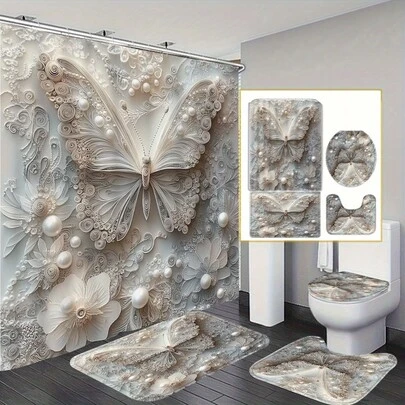 Home Decoration 2D Butterfly Decoration 1/ 4pcs Shower Curtain Set With 12 Hooks, Waterproof Shower Curtain, Non-Slip Bath Mat, Toilet Seat Cover And U-Shaped Rug, Machine Washable Bathroom Cartoon Decoration Set