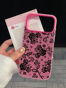 1pc Lace Rose Pattern Fuchsia Translucent 2-In-1 Phone Case, Funny Protective Phone Cover, Durable & Fashionable TPU Shock-Proof Full Body Phone Case Compatible With IPhone 13, 14, 15, 16, 17/Pro, Pro Max, Air, Suitable As Birthday Gift, For Girlfriend, Boyfriend Or Personal Use - Multicolor - View 1