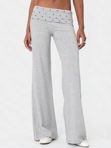 Women's Casual Trousers Y2K Low Waist Loose Fit Flare Pants for Daily Wear - Gris Claro - Ver 2