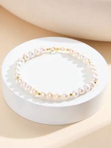 AETOLIA 14K Gold Plated 925 Sterling Silver 5-6mm Round Natural Cultured Pearl Beaded Bracelet, Handmade Design, Elegant Wedding Bracelet For Women - Yellow Gold - View 10