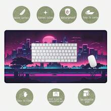 1pc Cyberpunk Neon City Mouse Pad, Futuristic Pink & Purple Night Landscape Desk Mat, Large Non-Slip Office & Gaming Keyboard Pad - Rectangle - View 3