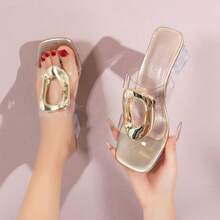 Tacones altos de punta cuadrada para mujeres, casuales y versátiles, con hebilla de metal y tacón de cristal - Dorado - Ver 3