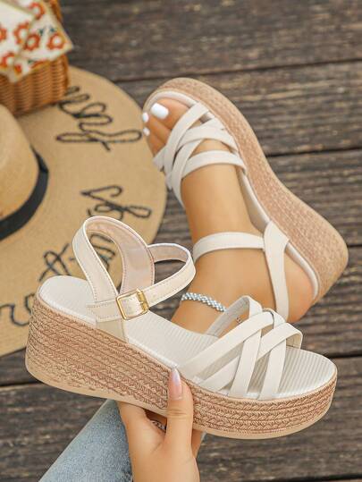 1 Pair Summer Wedge Sandals For Teens, Slightly Small Size, Suitable For Teens' Daily, Vacation, Travel, Beach Wear, Slip-On Strap, Fashionable Solid Color, Versatile, Lightweight, Comfortable, Casual Outdoor Thick Bottom Wedge Sandals