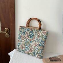 小众设计竹编结手提包，女士校园午餐包，新款花卉图案通勤包，旅行包 - 彩色 - 查看 19
