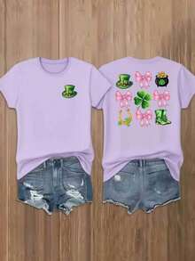 Unisex's Y2K Lucky St. Patrick's Day T-Shirt - Double-Sided Lucky & Horseshoe Print, High-Elastic Short Sleeve Round Neck Casual Blouse For Summer, Irish Party Outfit (Machine Washable) - Black - View 4