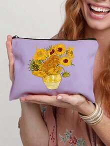 Oil Painting Sunflower Pattern Cosmetic Bag,Cosmetic Organizer,Toiletry Bag, Clutch Bag, Lightweight Foldable Storage Bag ,Travel Essential Bag - Multicolor - View 7