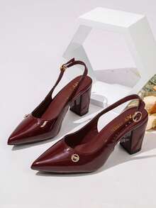 女士酒红色露趾凉鞋，新款春夏漆皮细高跟露跟尖头高跟鞋 - 酒紅色 - 查看 7