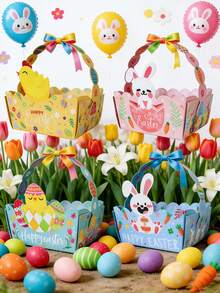 纸质复活节篮子，复活节糖果盒，带提手的派对礼品盒，鸡蛋容器，适合儿童寻蛋游戏、家庭聚会、学校派对用品 - 彩色 - 查看 7