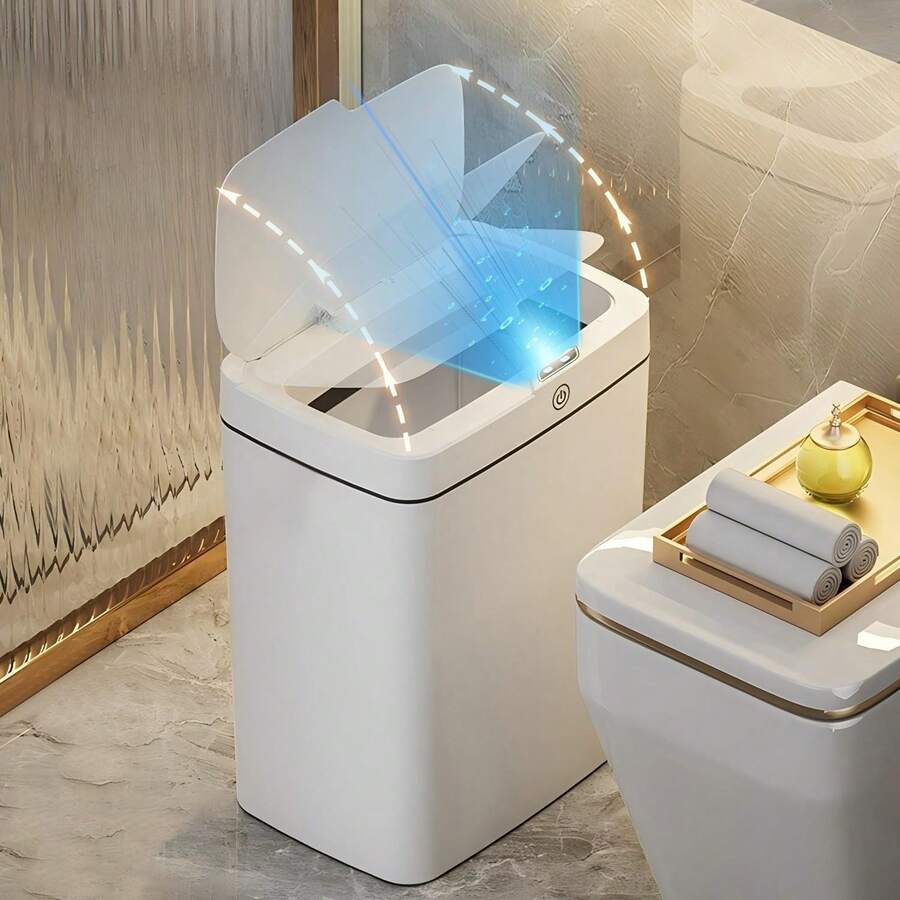 Bote de Basura Cocina, 15L Cubo De Basura Automático Con Sensor,Cubo de basura de plástico de gran capacidad mejorado, con carga USB y 30 bolsas incluidas, para Baño, Cocina, Oficina, Sala - Blanco - Ver 1