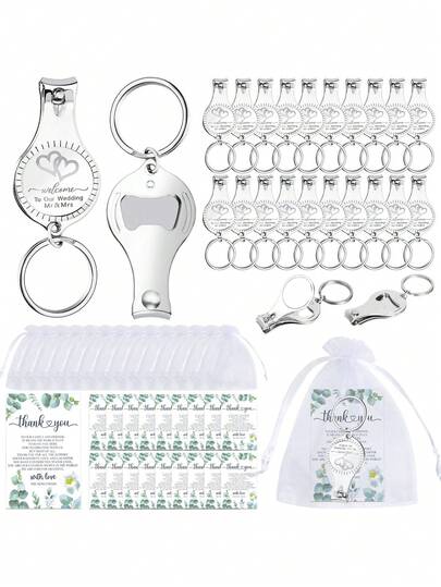 Set de regalo multifuncional de 15 piezas/3 piezas para boda. Incluye cortaúñas 3 en 1, abrebotellas, llavero, tarjeta de felicitación de boda, bolsa de tul blanco para recuerdos de fiesta, regalos de despedida de soltera, souvenirs de boda, adecuado para fiestas, regalos de boda, recuerdos, suministros para invitados de boda, regalos para damas de honor