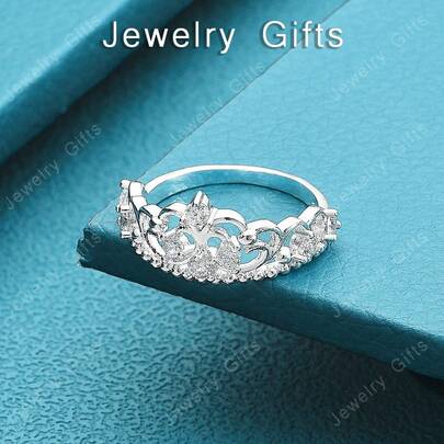 925 Sterling Silver Plated Ring Women Lady Wedding Female Charm Refined Elegance Inlaid Stone Crown Fashion Silver Color Jewelry