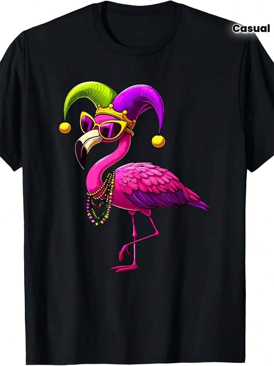 Men'S & Women'S  Gras Flamingo Carnival T-Shirt - 220gsm Heavyweight Pure Retro Graphic Tee With Vibrant Pink Flamingo, Beads & Fleur-De-Lis Print - Unisex Short Sleeve Round Neck Shirt For Gras Parties, Parades & Casual Wear (All-Season - màu đen - Xem 1