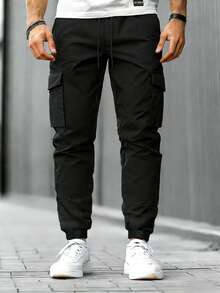 Men's Pants, Spring/Autumn Solid Color Multi-Pocket Drawstring Cargo Pants, Loose & Comfortable Sweatpants Black - Black - View 11