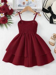 Vestido de niña con falda plisada de doble capa, con lazo y tirantes ajustables, color azul claro - Rojo - Ver 2