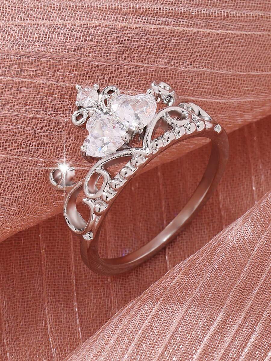 1 pieza Anillo blanco con diseño de corona, de moda y versátil, adecuado para el Día de San Valentín, citas, regalo de aniversario - Plateado - Ver 1