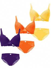 Set de 6 piezas de sujetador con aros de encaje y ropa interior para mujer, conjunto de lencería colorida (3 sujetadores, 3 bragas) para primavera/verano, exterior, playa - Multicolor - Ver 6