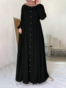 Fashionable Women's Muslim Single-Breasted Traditional Elegant Pleated Arabian Dress Vacation Black - Black - View 1